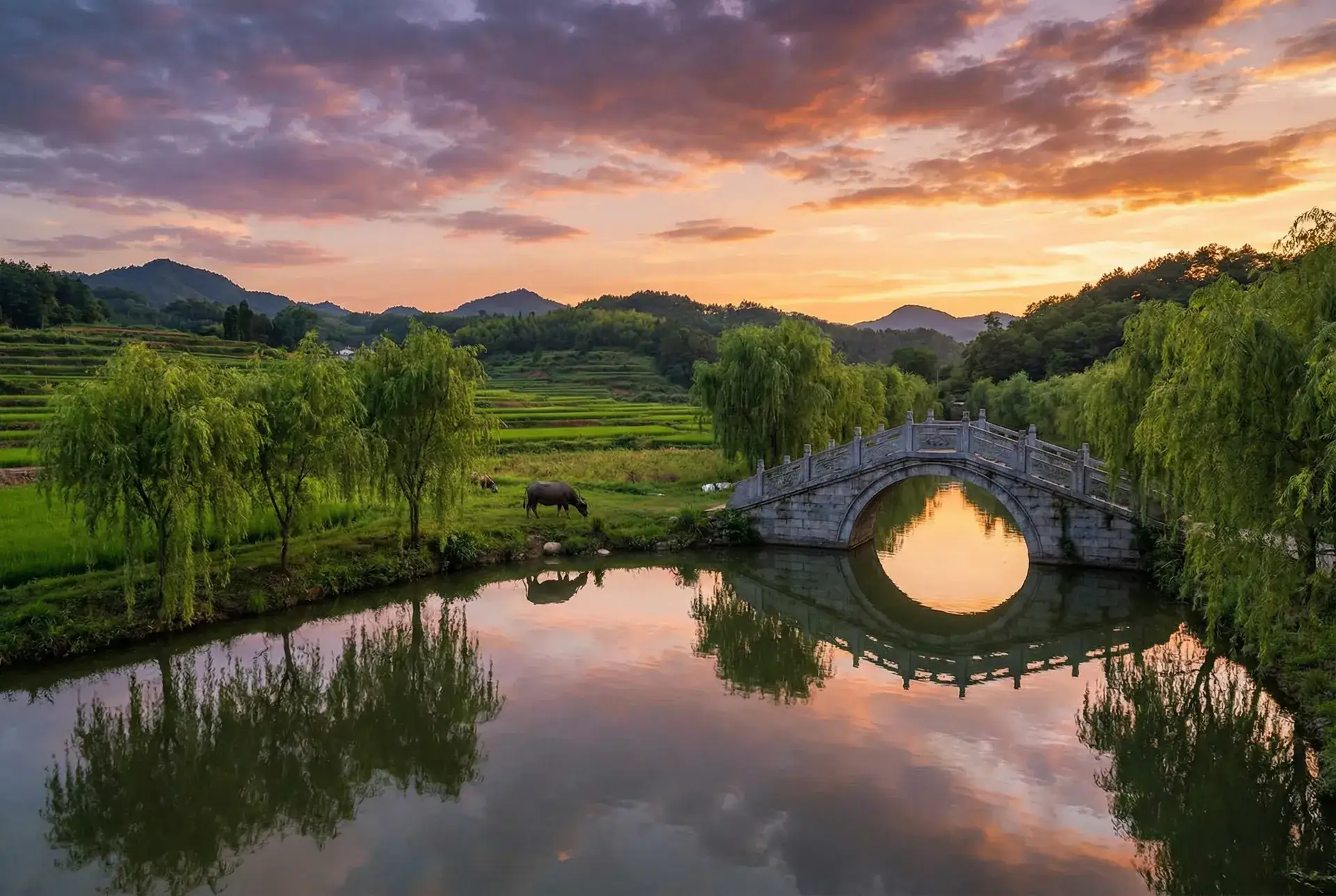 夕阳下的石拱桥与垂柳，水牛在河边吃草 - 女大学生的沙龙室2完整版观看 乡村美景